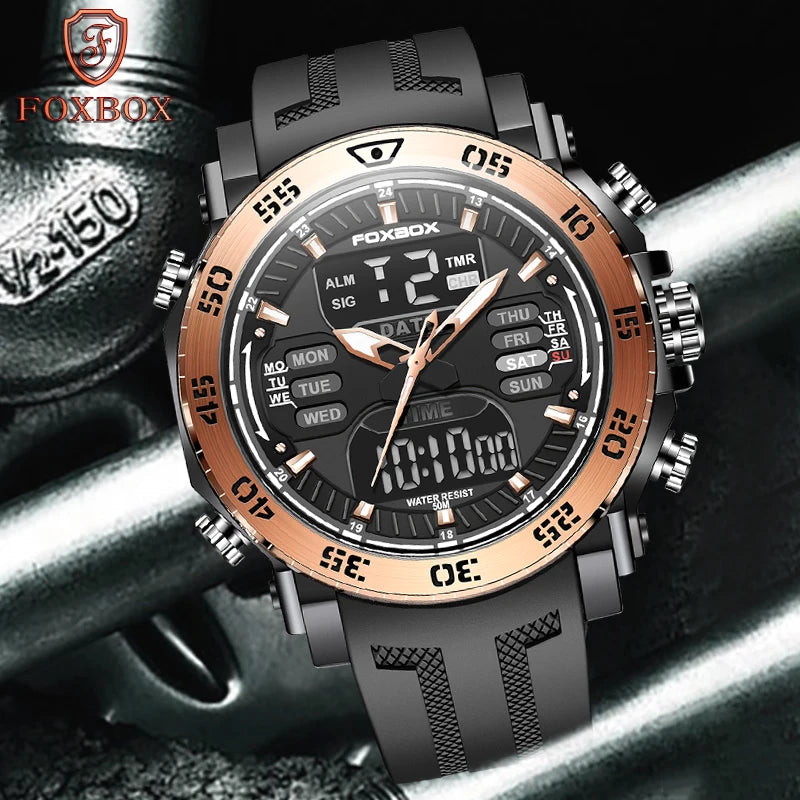 FOXBOX Fashion Outdoor Electronics Watches Male Luxury Casual Waterproof Luminous Alarm Auto Date Dual Digital Display Man Watch