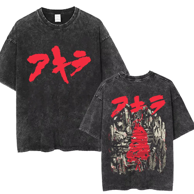 Washed Retro Japanese Anime Akira Print 100%Cotton Men Woment T-shirt Summer Autumn Daily Sports Party Casual Loose Short Sleeve