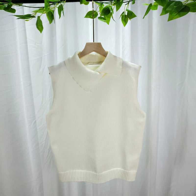 Autumn Winter Korean Solid Color Lapel Sleeveless Versatile Casual Knitted Vest For Women