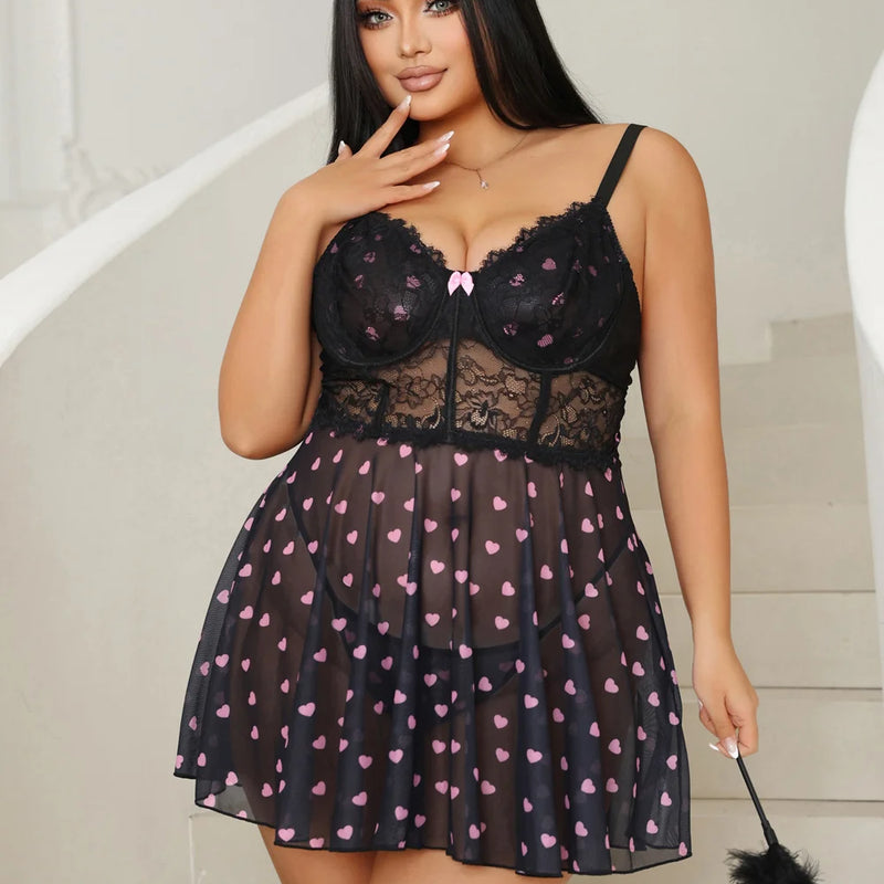 Black Heart Print Lace Babydoll Lingerie Set for Women Push Up Underwire Nightdress Mesh Sleepwear with Panties