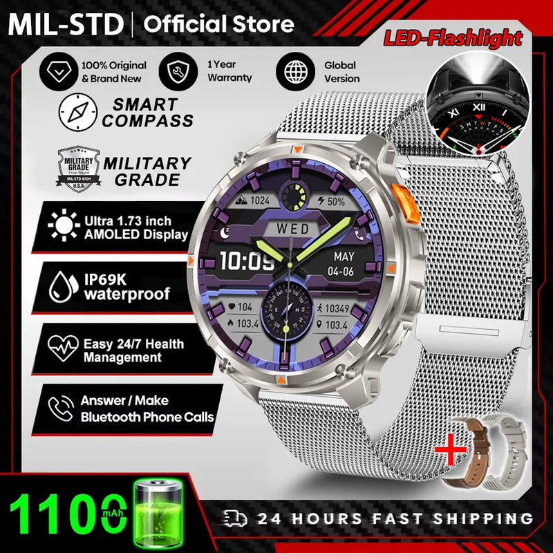 2026 New 1100mah AMOLED Smart Watch Men 170+Sport Fitness LED Flashlight IP69 Waterproof Bluetooth call GPS track Smartwatch iOS