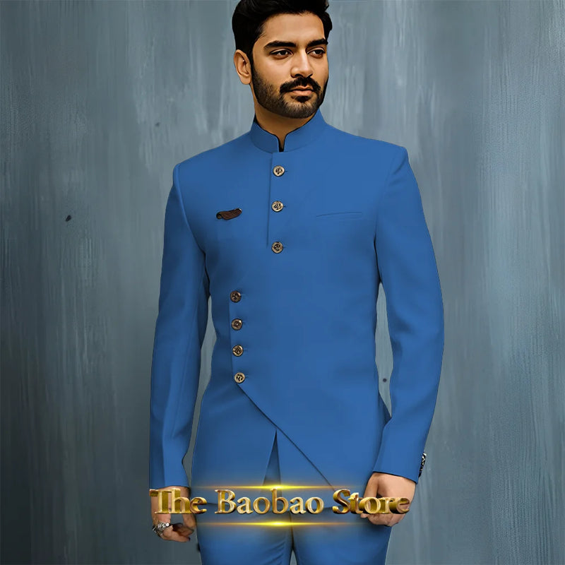 Matching Design Men's Suit 2pcs African/Indian Safiri Attire Customized Set with Gold Button for Wedding Party Formal Events