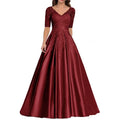 A Line Women Evening Dresses Satin Appliques V Neck Prom | SAMAG
