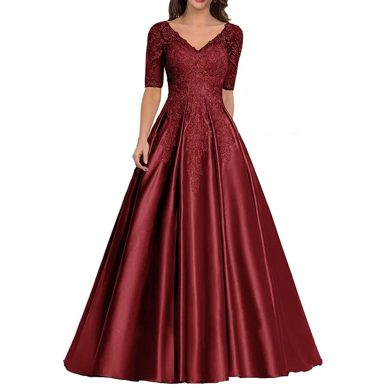 A Line Women Evening Dresses Satin Appliques V Neck Prom | SAMAG