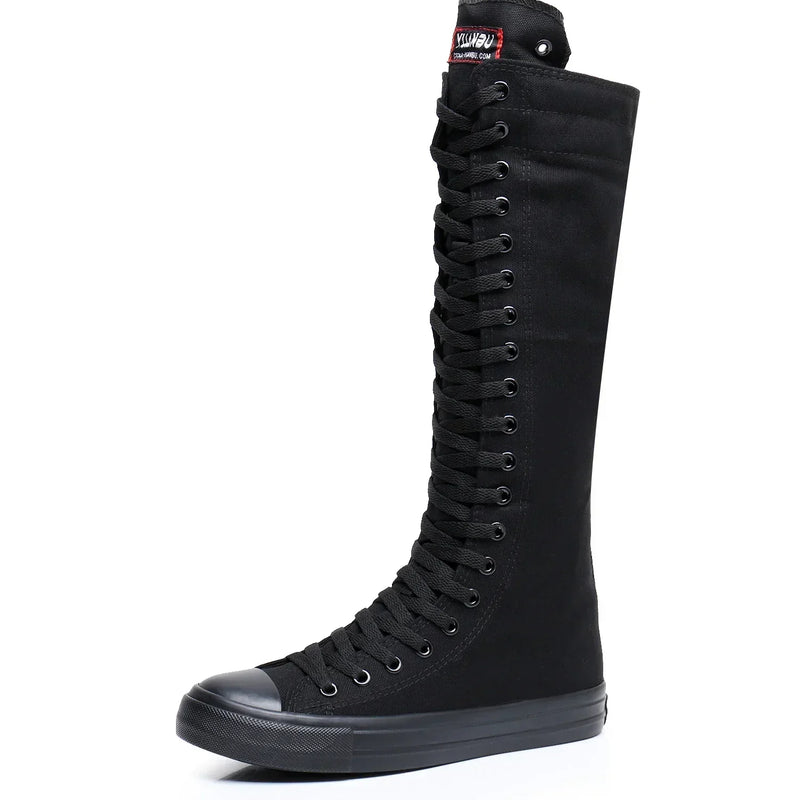 Boots Women Sneakers Canvas Casual High Top Shoes Long Boot Lace-Up Zipper Comfortable Flat Boot Sneakers Tenis Feminino