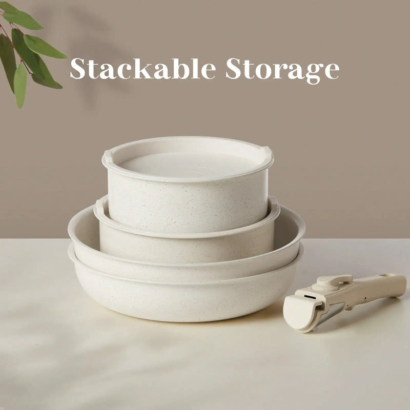Pots And Pans Set Modern Minimalist Nonstick Cookware Set Beige Granite Coating Creamy White 12 Pcs Stackable Induction Cookware With Detachable Handle Oven Safe Space Saving For Kitchen RV Camping Cooking