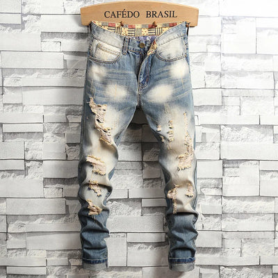 Distressed Ripped Jeans Men's Retro Blue Fashion Slim | SAMAG