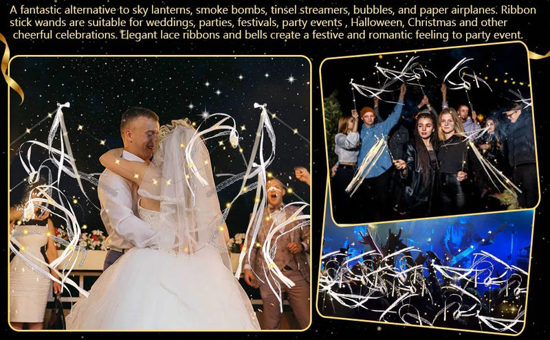 12-60Pcs Light Up Wedding Sparklers LED Wedding Wands Streamers Silk Fairy Wands with Bells  for Wedding Birthday Party Supplies