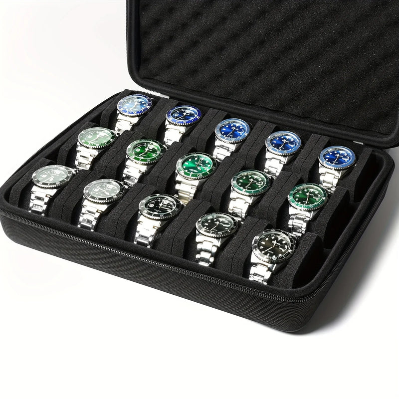 Hard-Shell 15 Slots Watch Storage Organizer Case, Watch Carry Box Fit Large And Small Watches, With Soft Foam Pillow