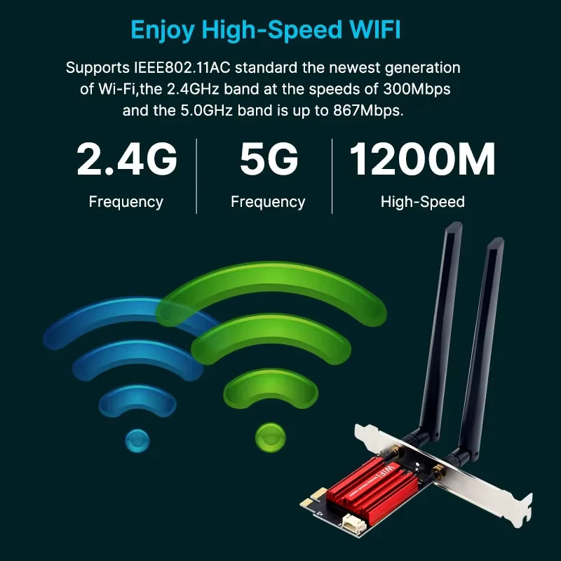 AC1200 WiFi 5 PCIe Wireless Network Card Dual Band 2.4G/5GHz Bluetooth 4.0 1200Mbps Adapter For Desktop PC - Visuel 2 | SAMAG