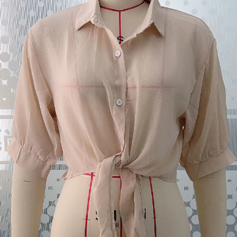 Summer Sun-protective Clothing Casual Loose Clothes Elegant Solid Color Tied Waist Blouse Bat Half Sleeve Button Chiffon Shirt