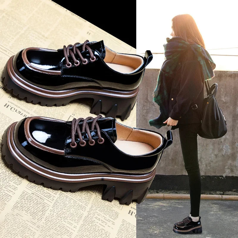 Fashionable Thick Soled High Rise Loafers with Thick Heels Shoes for Women 2024 Autumn Winter New Lace-up Women's Boot