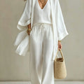 Women Fashion 3-Piece Set Open Front Cardigan Wide Sleeves Matching V-Neck Vest Drawstring Waist Wide Leg Pants Casual Outfit