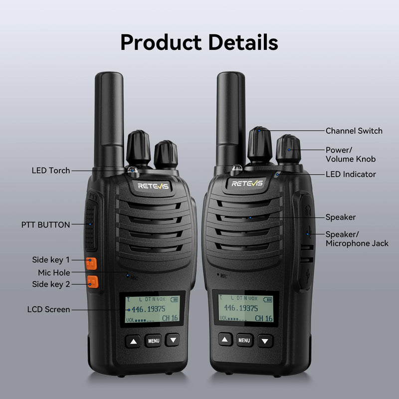 Retevis H777D (H777Upgraded) Walkie Talkie PMR/FRS Portable License-Free LCD Display Two Way Radio Long Range Type-C for Camping