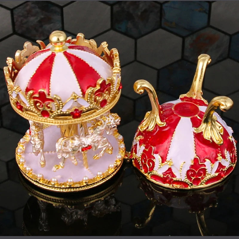Cartoon Carousel Rotating Jewelry boxes Metal Jewelry Trinket Box for Anniversary Birthday Gift Home Decoration