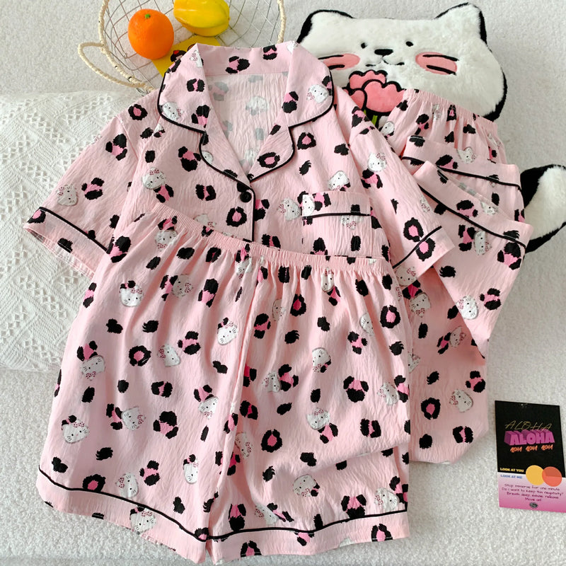 Cartoon Hello Kitty Summer Cardigan Lapel Women's Pajama Set Cloud Cotton Cute Printed Casual Loungewear Three-piece Set