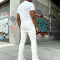 HME Men's White Denim Pants, Stacked Ripped Slim Flared | SAMAG