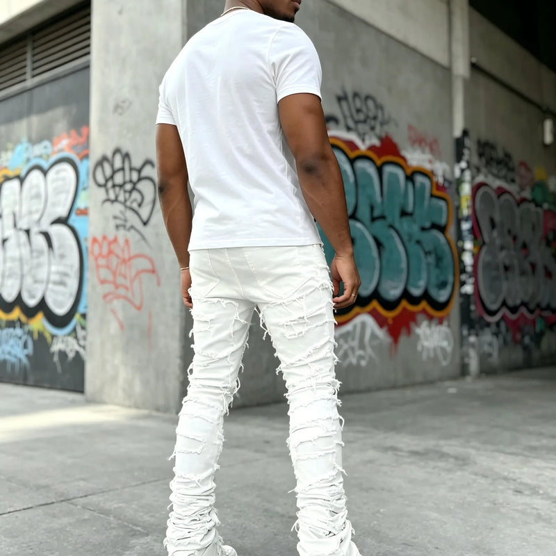HME Men's White Denim Pants, Stacked Ripped Slim Flared | SAMAG