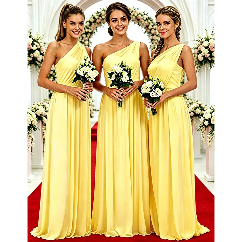One Shoulder Lemon Yellow Bridesmaid Dresses Chiffon | SAMAG