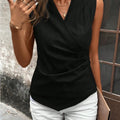 Women Sleeveless V Neck Wrap Blouse Side Ruched Asymmetric Hem Slim Casual Tank Top Elegant Office Daily Black Vest Shirt