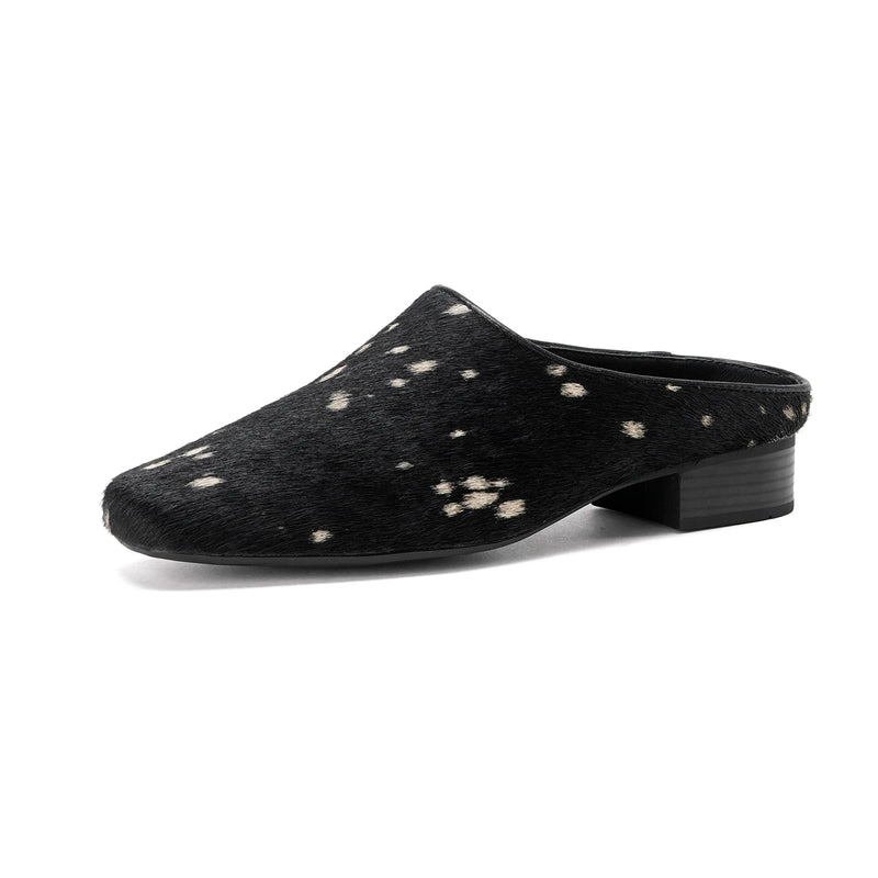 Genuine Leather Horsehair Women Mules,Low Block Heels Women Shoes, Slip-on Fashion Slippers