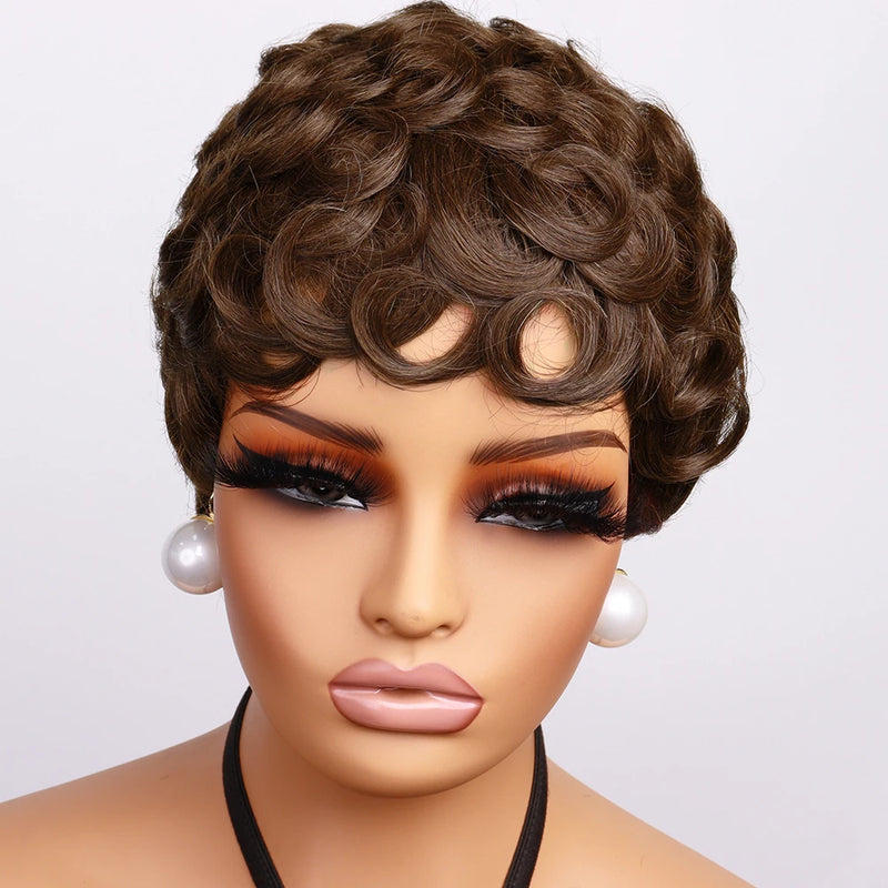 613 Honey Blonde Curly Pixie Cut Wig 100% Human Hair with Bangs Short Curly Human Hair Wigs for Women Machine Made