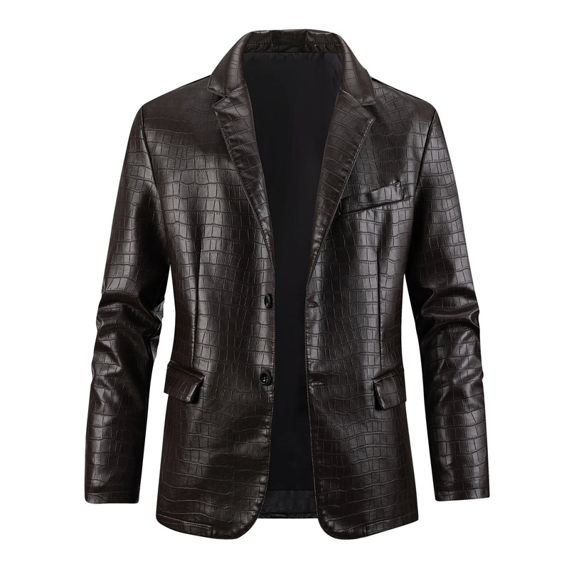 Men's Faux Leather Crocodile Pattern Jacket Single Row Large Lapel Suit Style Chest Pocket PU Leather Coat