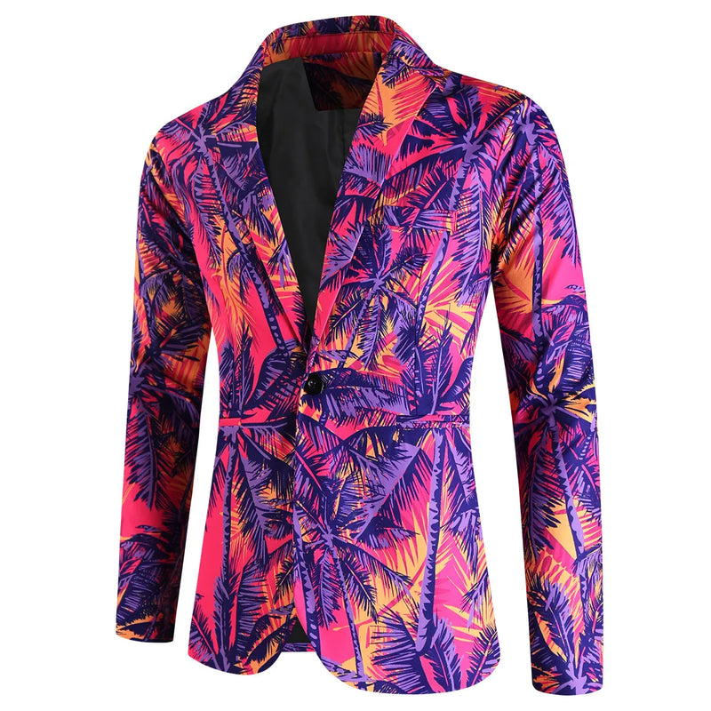 Vibrant Pink Purple Yellow Palm Tree Print Men's Suit 2 Piece Slim Fit Blazer Pants for Beach Wedding