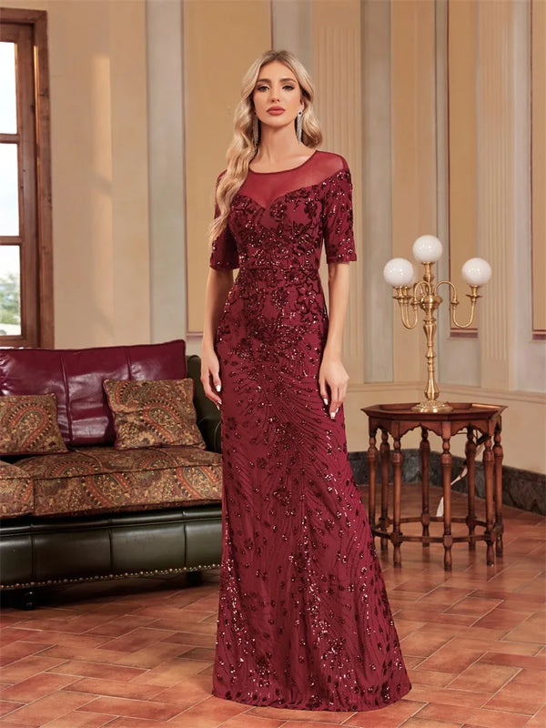 Luxury O-Neck Tulle Sequin Formal Evening Dress Women | SAMAG