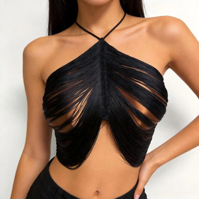 AKYZO European and American Sexy Tassel Black Top Stylish | SAMAG