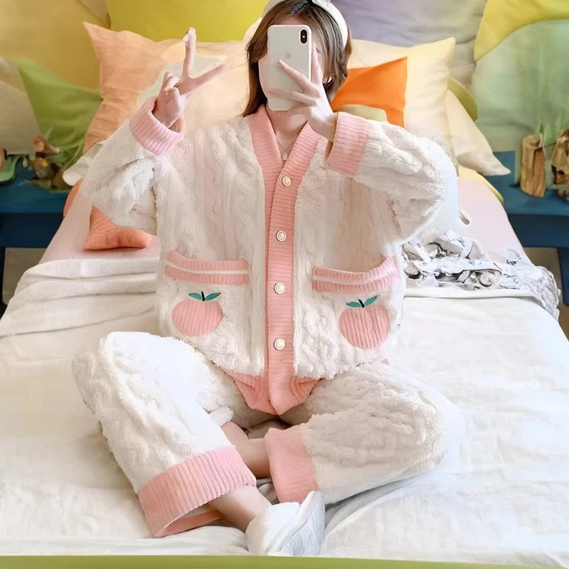Pyjama épais en flanelle et velours corail fraise | SAMAG
