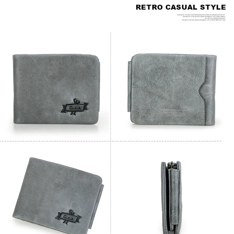 CONTACT'S Genuine Crazy Horse Leather Men Wallets Vintage Trifold Wallet Zip Coin Pocket Purse Cowhide Leather Wallet For Mens