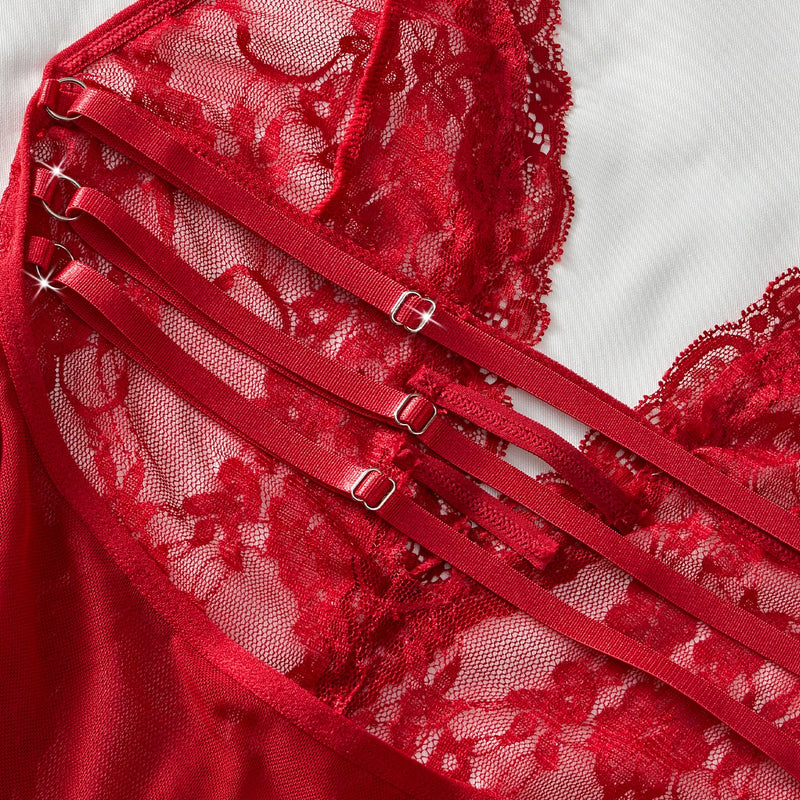 Women Red Satin Babydoll Nightgown Halter Tie Neck Deep V Lace Bust Back Hollow Mini Slip Dress Sexy Lingerie Sleepwear