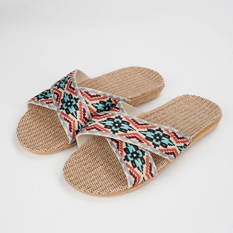 SHAJI Summer Women's Linen Slippers Home; Women's lightweight Indoor Non-Slip Shoes; Thick Sole Beach Slides; Bohemian Style