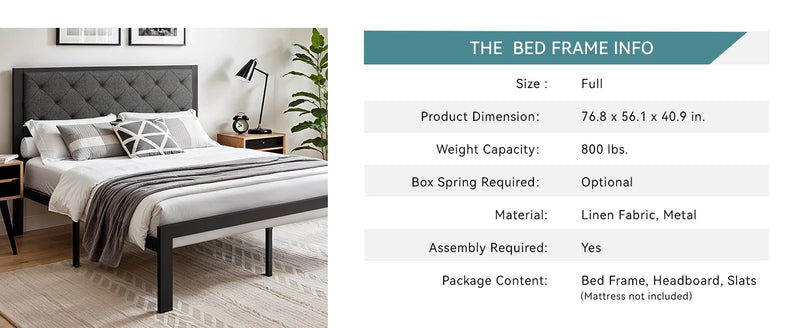 HOOMIC Metal Bed Frame with Upholstered Finely Stitched Headboard, Linen Fabric, Sturdy Foundation, No Box Spring Needed