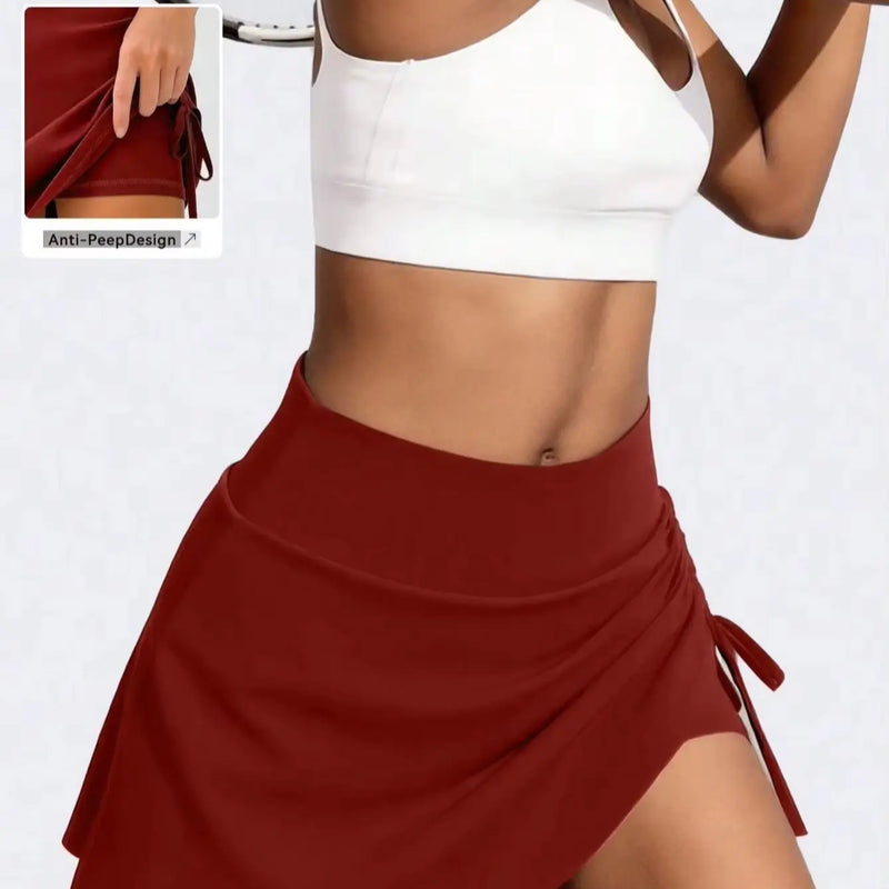 Women Tennis Skirt Adjustable Side Drawstring Ruched Sports Skort High Waist Tummy Control Built-in Shorts Gym Wear