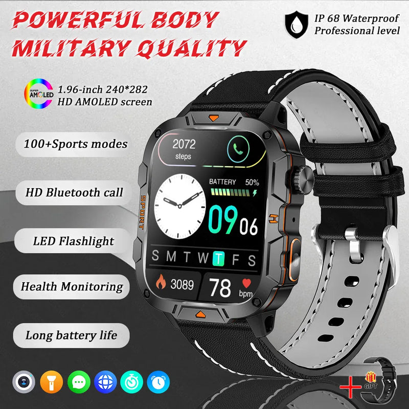 2025 New Military Grade Smart Watch Men 1.96" AMOLED Screen 5ATM Waterproof Simming Sports Fitness Tracker BT Call Smartwatches