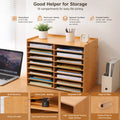 9-Tier 18 Compartments Golden Oak Wood File Literature Organizer Desk Floor Large Mailbox Center Keeper A4 Document Book Magazine Storage Bookshelf Sturdy Load Bearing Easy Assembly Space Saving for Home Office School Classro