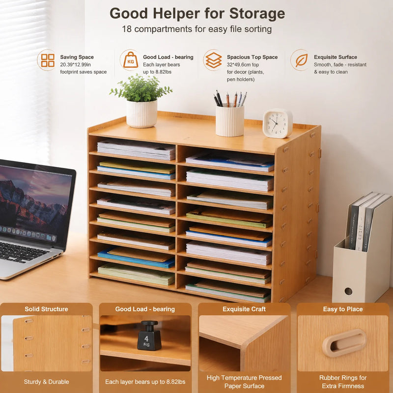 9-Tier 18 Compartments Golden Oak Wood File Literature Organizer Desk Floor Large Mailbox Center Keeper A4 Document Book Magazine Storage Bookshelf Sturdy Load Bearing Easy Assembly Space Saving for Home Office School Classro