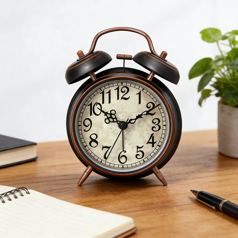 Super-Loud Twin-Bell Alarm Clock,Retro Non-Ticking Desk Clock,Antique Copper Bedside Alarm Clock With Nightlight For Desktop