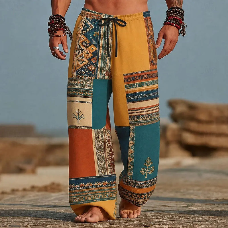 Men's Color‑Block Aztec Tribal Geometric Print Wide Leg Harem Pants Elastic Drawstring Trousers For Boho - View 6 | SAMAG