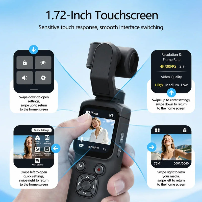 4K Action Camera With 330° Face Tracking Gimbal Stabilizer 1.72 Inch Touch Screen 64MP Pocket Digital Camera WiFi Sports Cam