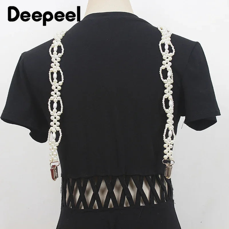 Deepeel New 1Pairs 69*2cm Fashion Pearl Chain Decoration Suspenders Adjustable Trouser Bead Strap Female Waist Corset Braces