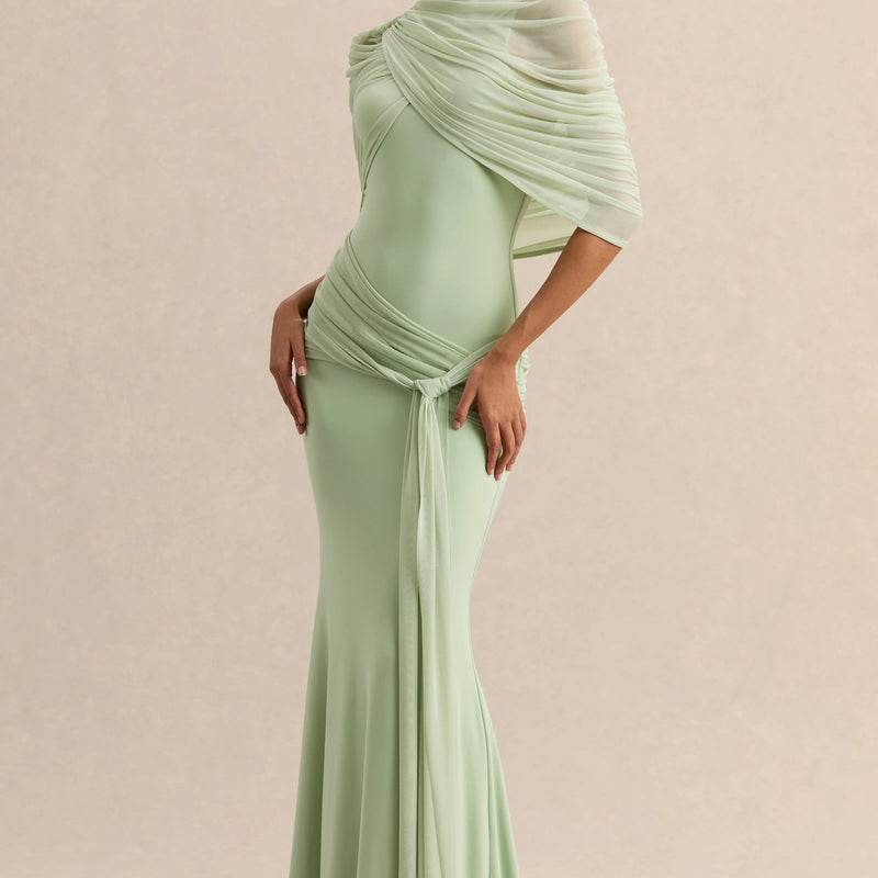 Elegant Mermaid Evening Dress Draped Detachable Cape | SAMAG