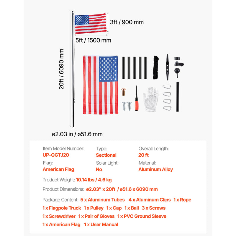 VEVOR 16/20/25/30ft Flag Pole for Outside House In Ground Thick Aluminum Flagpole Kit with 3x5American Flag for Yard Residential