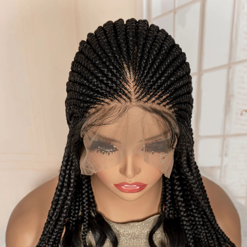 Full Lace Synthetic African Cornrow Braided Wigs for Black Women 18 Inches Lace Frontal Knotless Box Braiding Wigs with Wavy