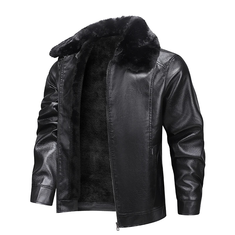 2025Plush Thickened Faux Leather Jacket Men's Fur Collar  Jacket Windproof   Waterproof Business Jacket Winter motorcycle jacket