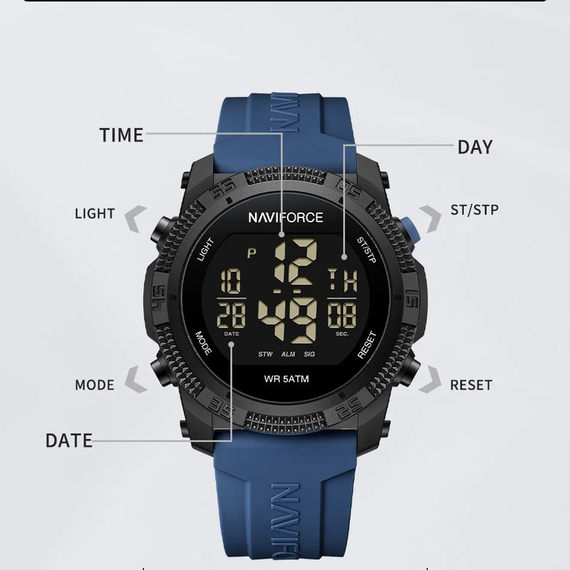Naviforce 7104 Luxury Men Fashion Watch Water Resistant Wristwatches Silicone Strap LCD Electronic Clock Relogio Masculino