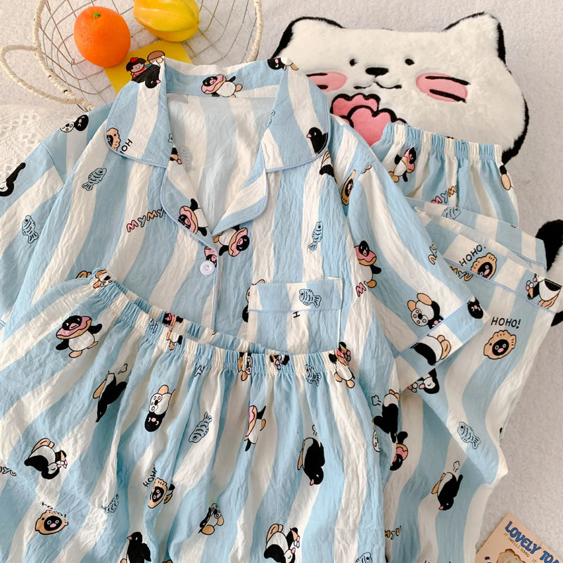 Cartoon Hello Kitty Summer Cardigan Lapel Women's Pajama Set Cloud Cotton Cute Printed Casual Loungewear Three-piece Set