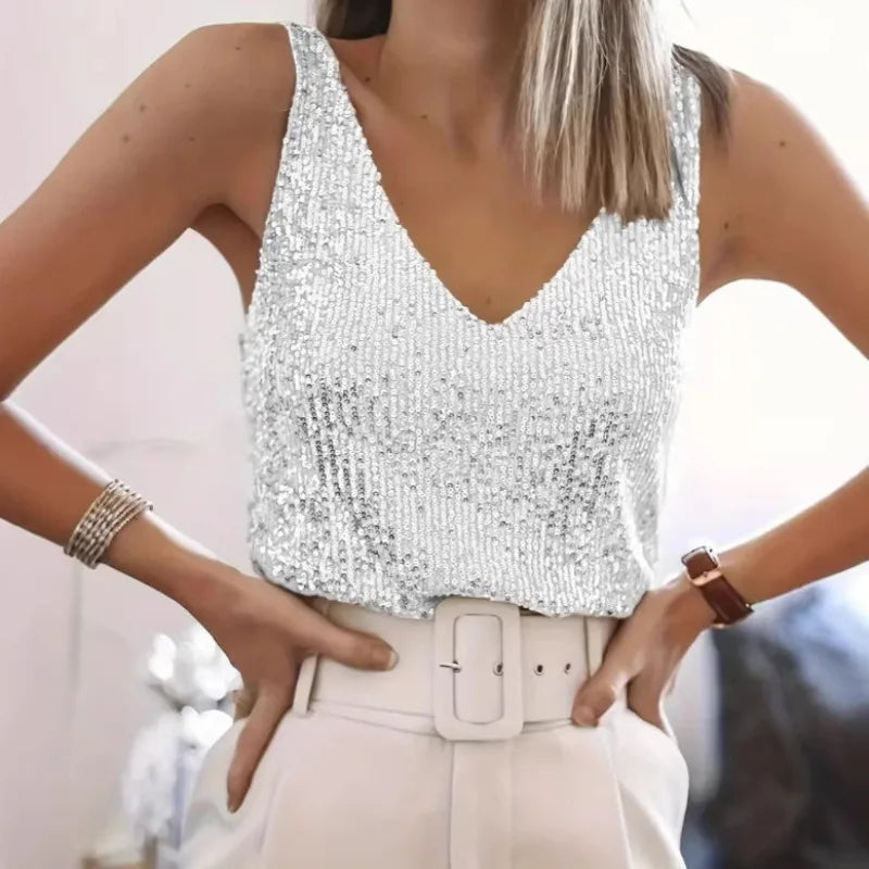 Women Sequin V Neck Tank Top Sleeveless Sparkly Camisole - View 12 | SAMAG
